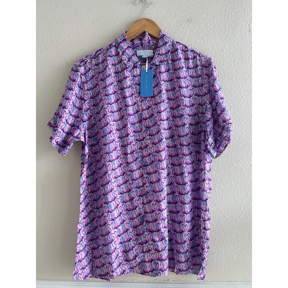 Thomas Royall New Florida Flamingo Button Up Shirt Men's L Modal Short Sleeve